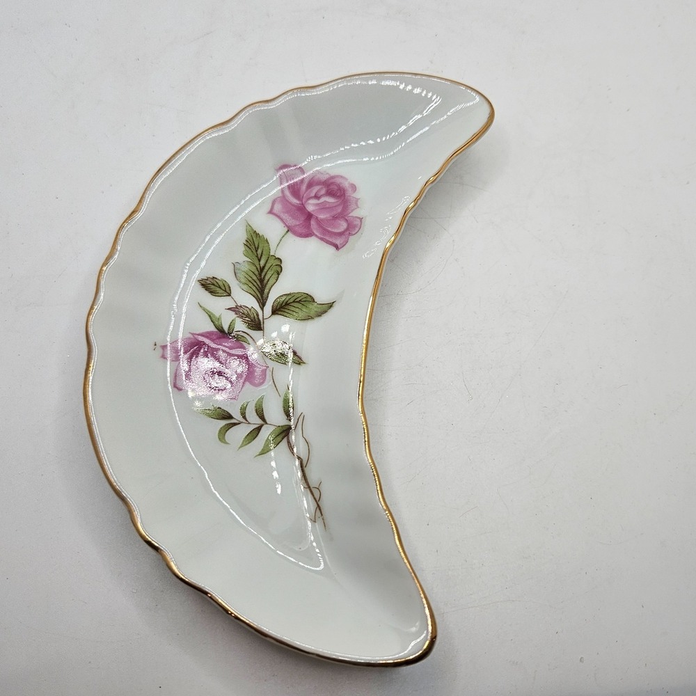 Vintage Japan Pink Rose Crescent Relish Candy Nut Dish Gold Trim Floral Trinket